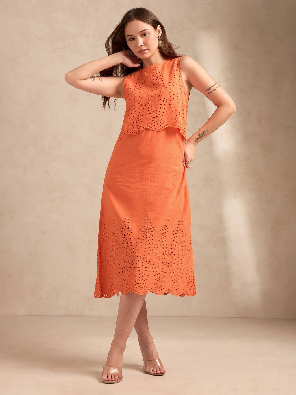 Orange Sleeveless Schiffli Midi Dress | D56 - view 4