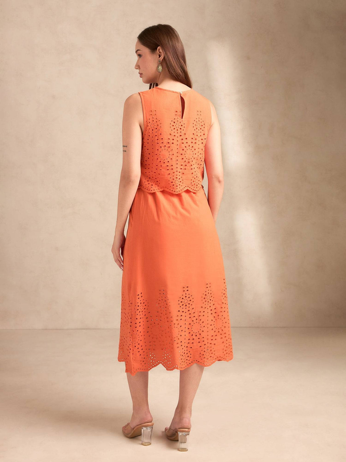 Orange Sleeveless Schiffli Midi Dress | D56 - view 5