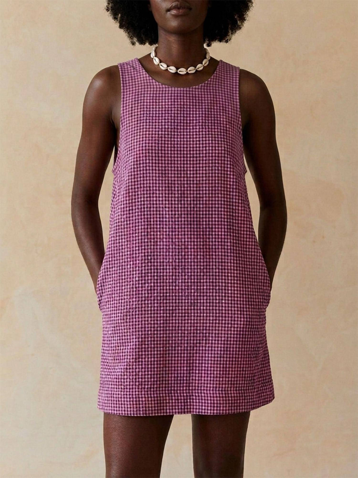 Sleeveless Cotton Check Purple Dress | D56 - view 1