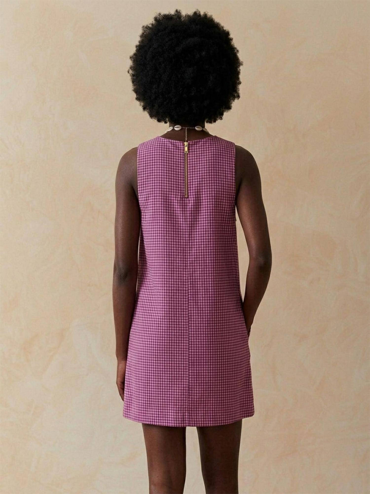 Sleeveless Cotton Check Purple Dress | D56 - view 2