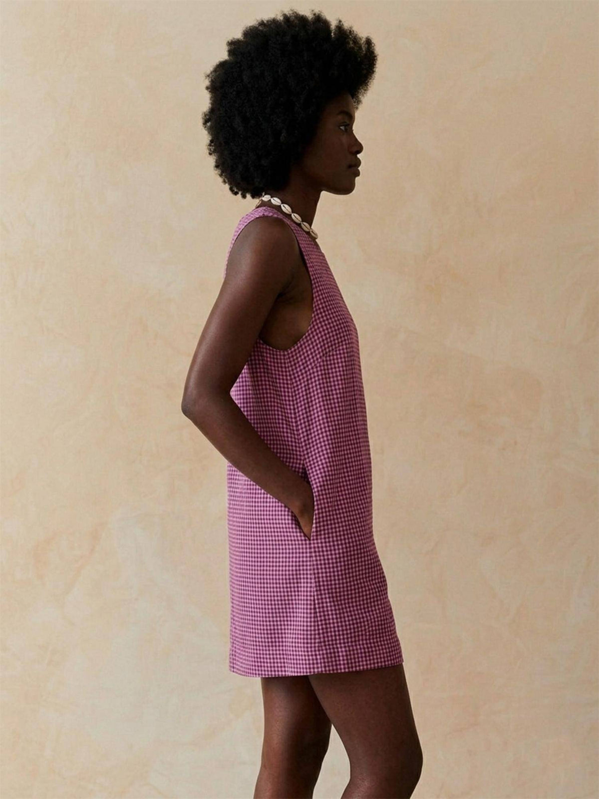 Sleeveless Cotton Check Purple Dress | D56 - view 3