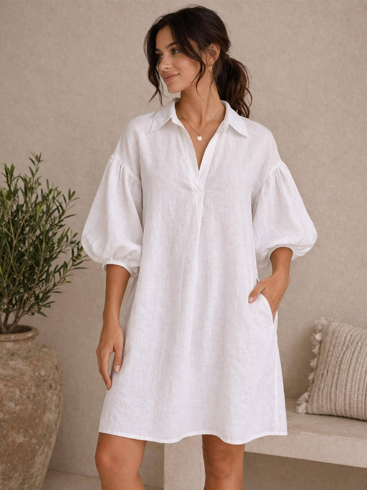Linen Blend White Dress | D56 - view 1