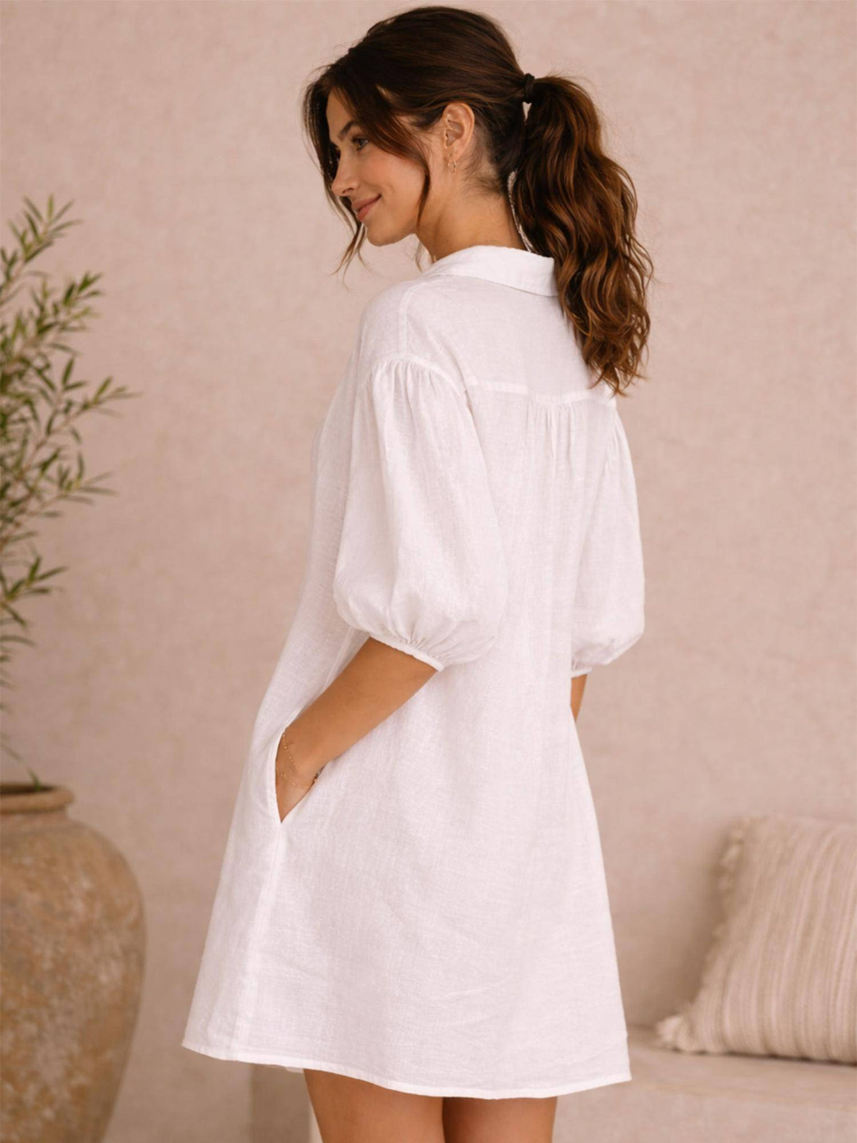 Linen Blend White Dress | D56 - view 3