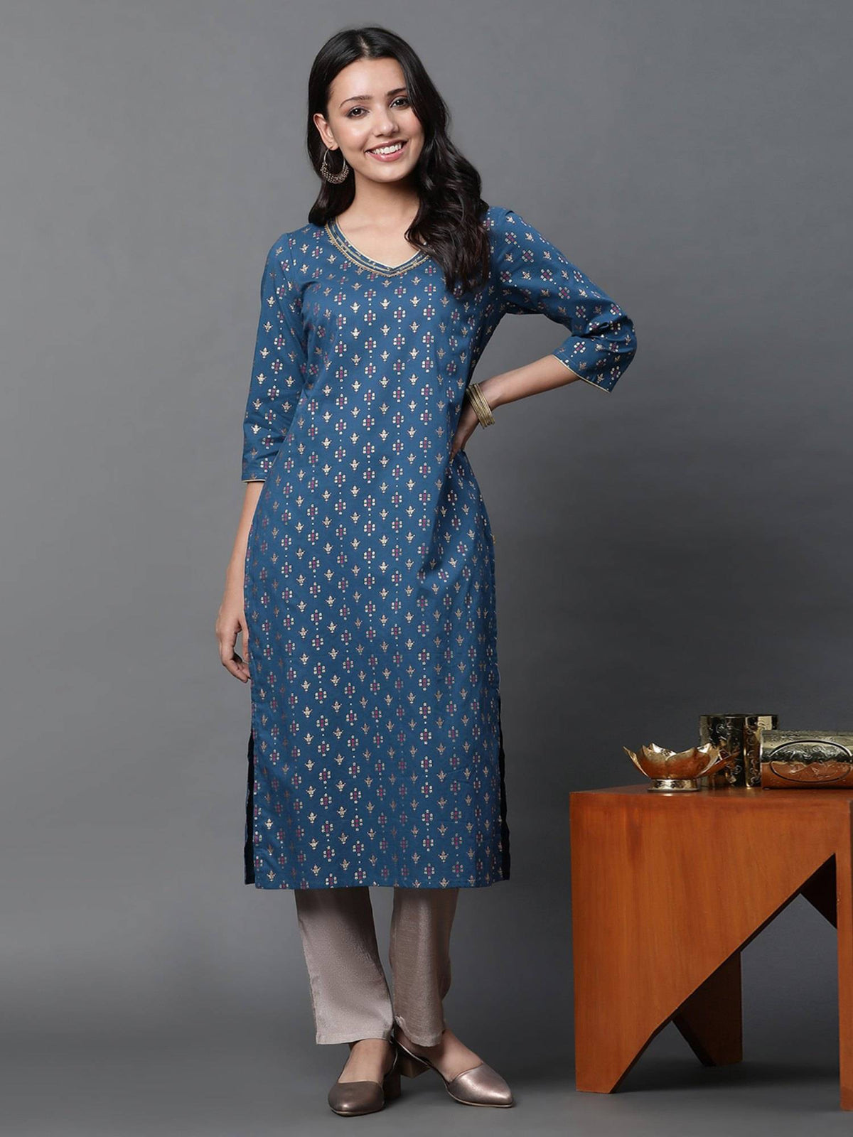 Blue Printed Straight Kurta | U3S - view 1