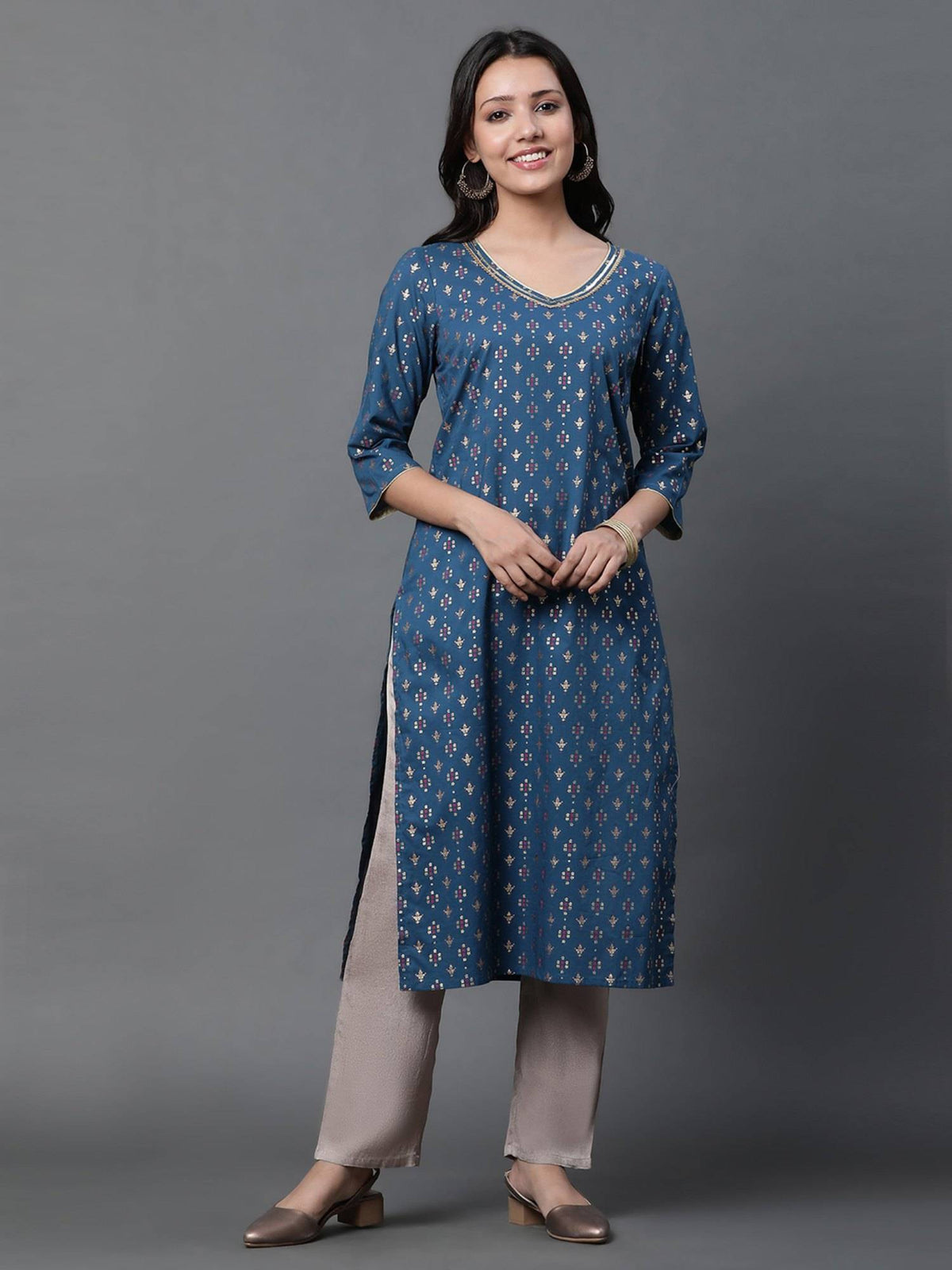 Blue Printed Straight Kurta | U3S - view 2