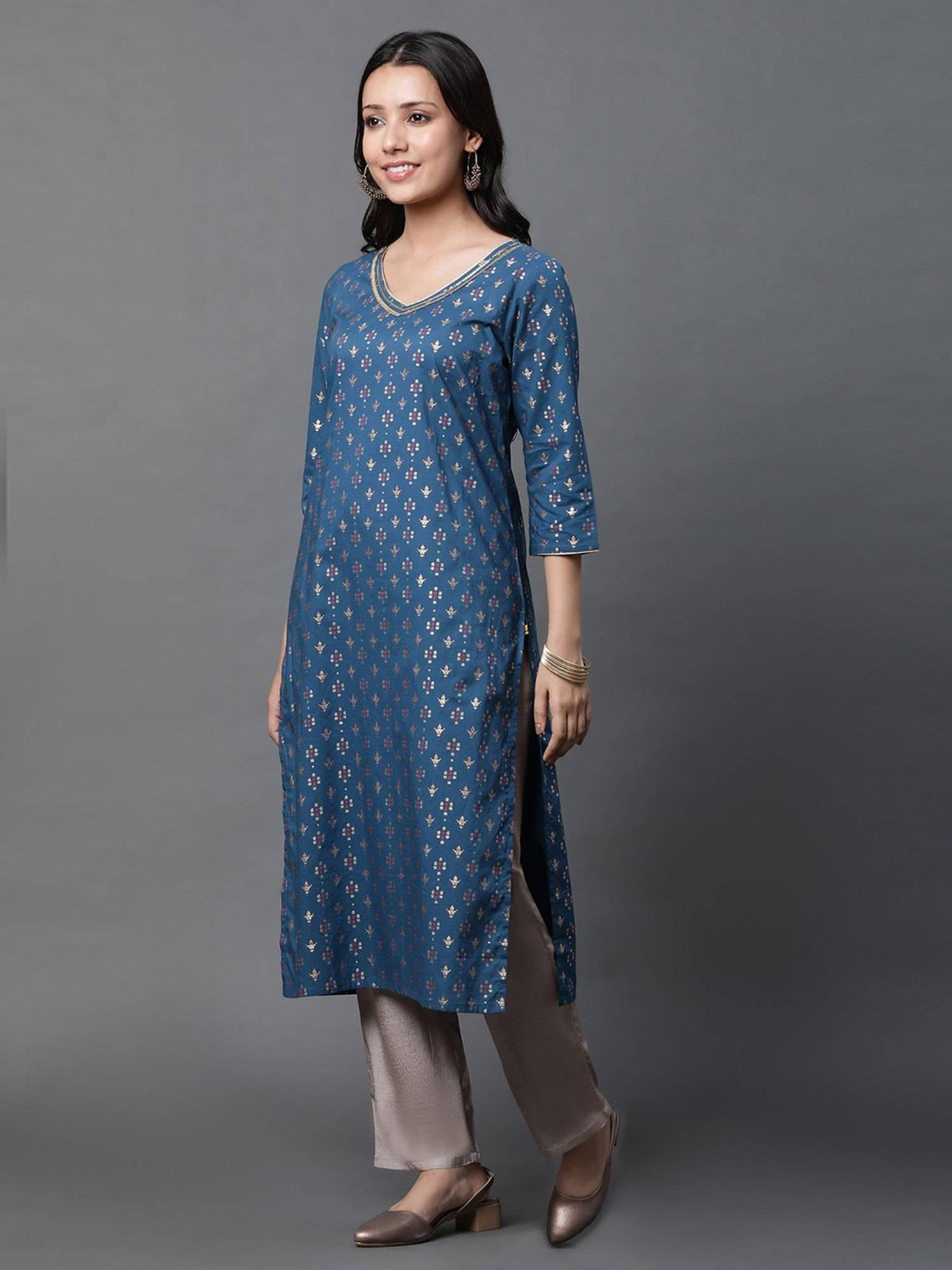 Blue Printed Straight Kurta | U3S - view 3