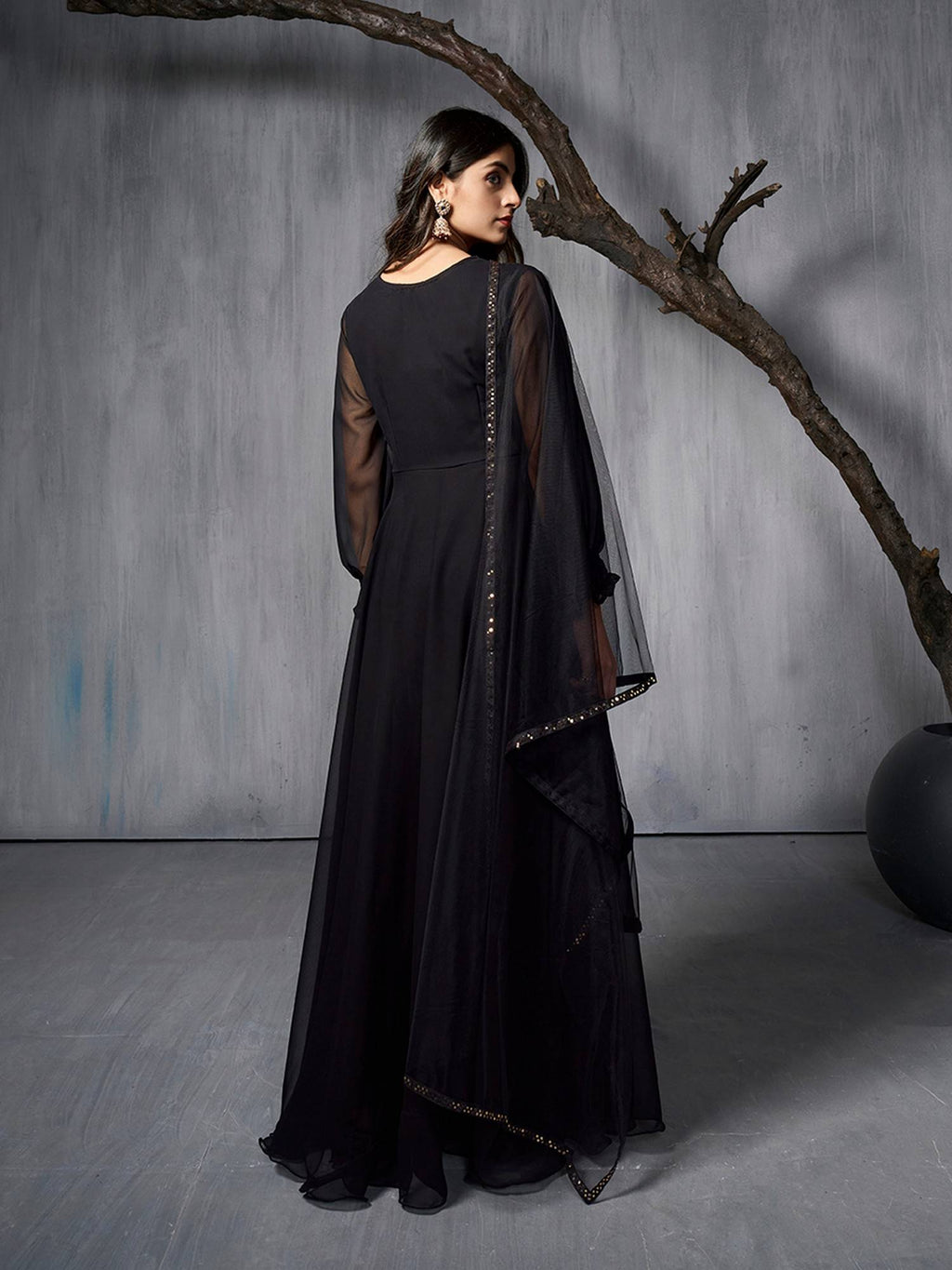 Black Ethnic Motifs Sequinned Embroidered Kurta with Dupatta | KDG - view 2