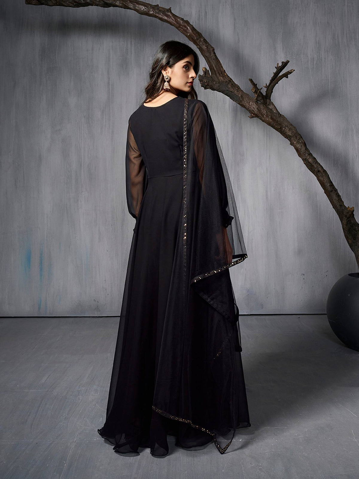 Black Ethnic Motifs Sequinned Embroidered Kurta with Dupatta | KDG - view 2