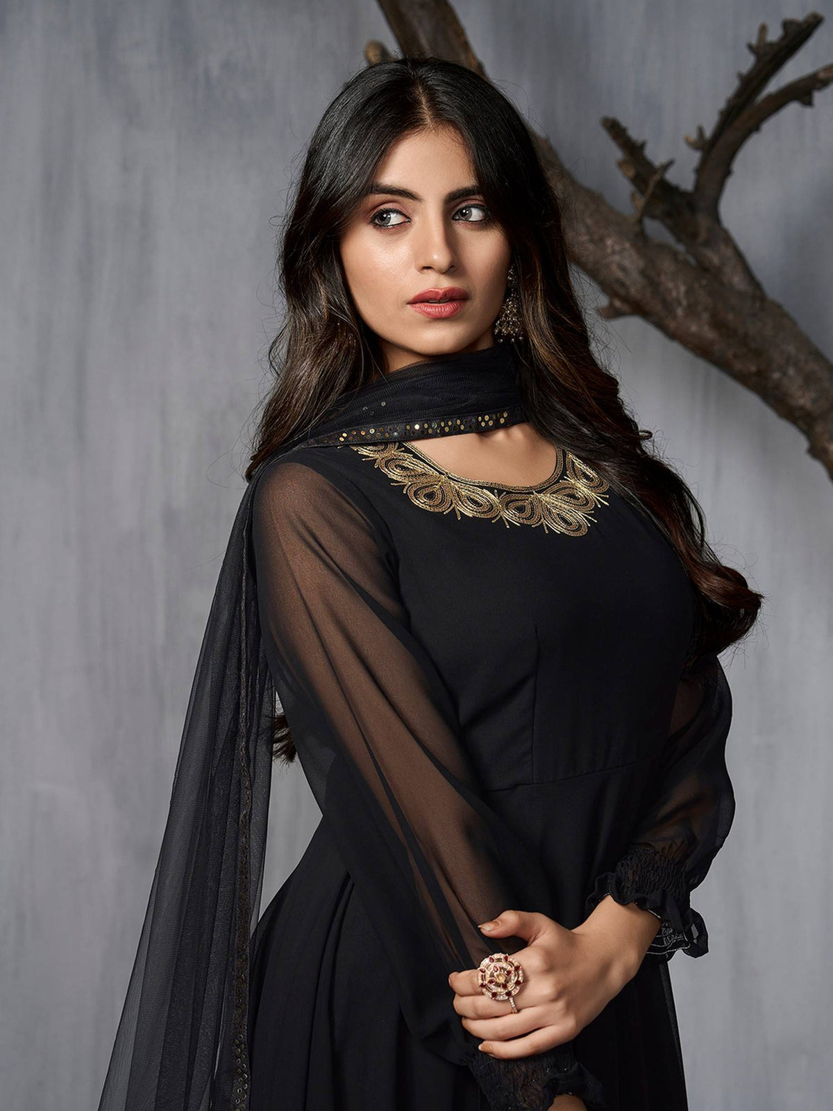 Black Ethnic Motifs Sequinned Embroidered Kurta with Dupatta | KDG - view 6
