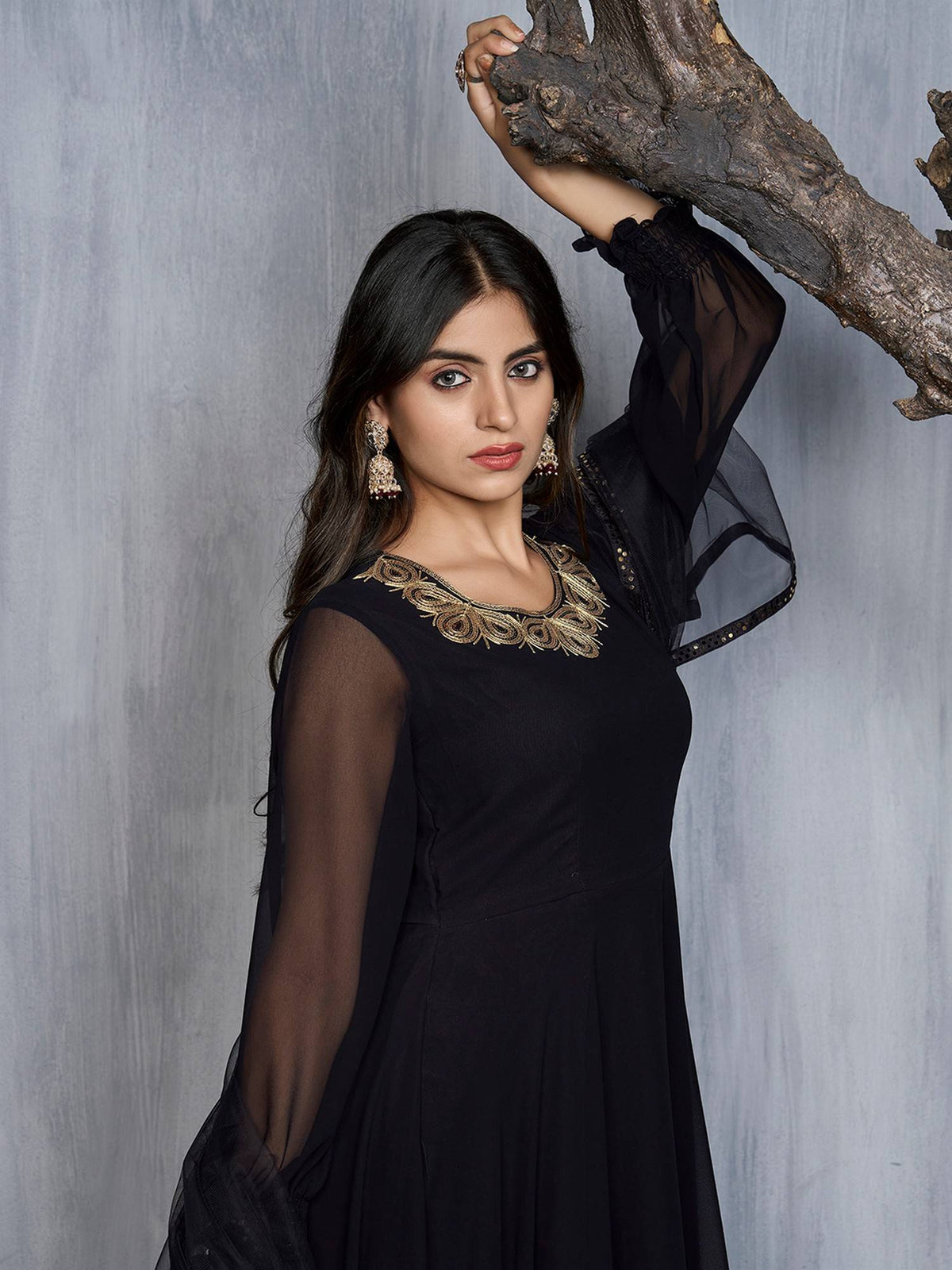 Black Ethnic Motifs Sequinned Embroidered Kurta with Dupatta | KDG - view 7