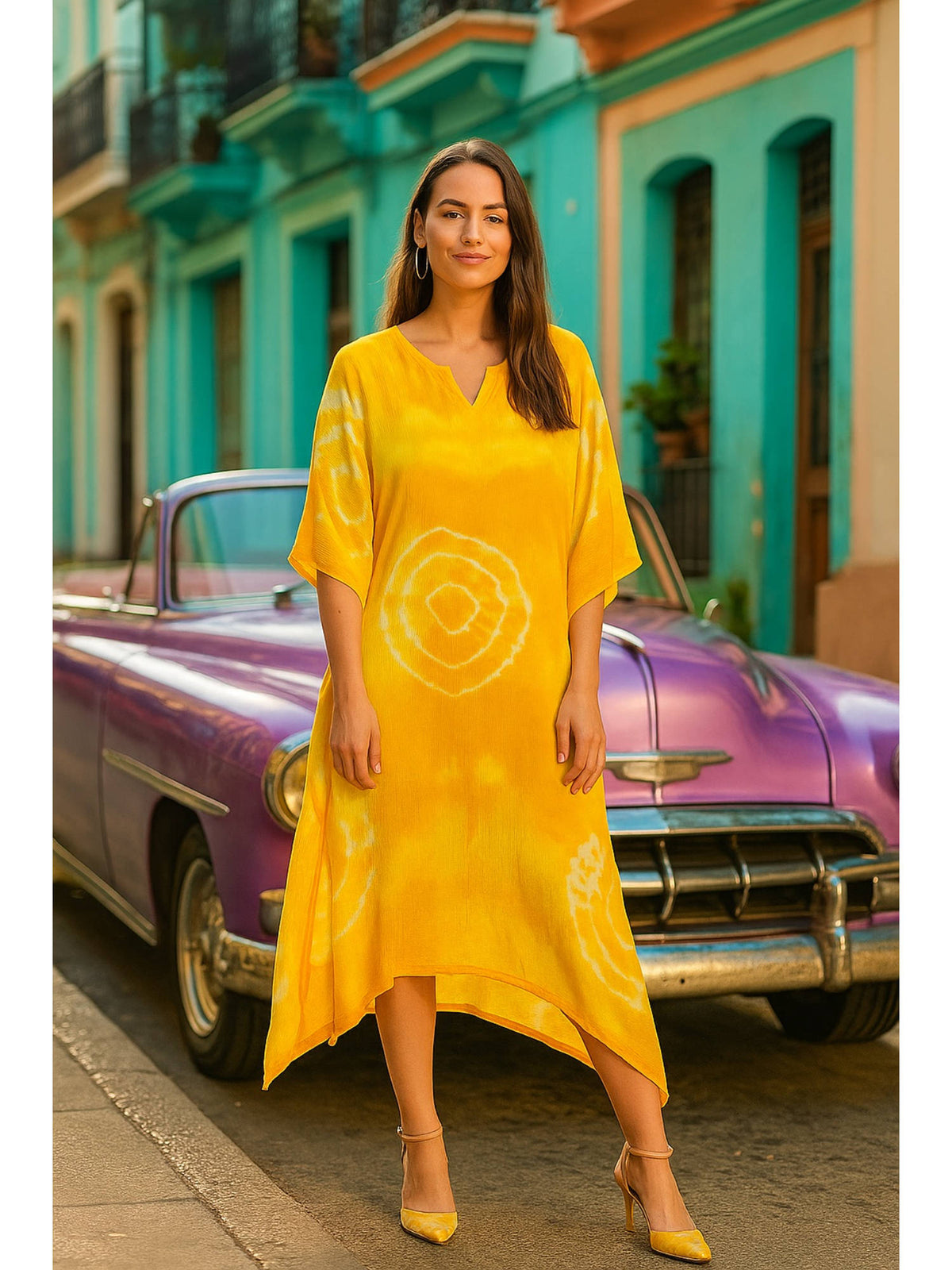 Women Handcrafted Tie-Dye Rayon Loose Fit Kaftan Blue Dress | D56 - view 45