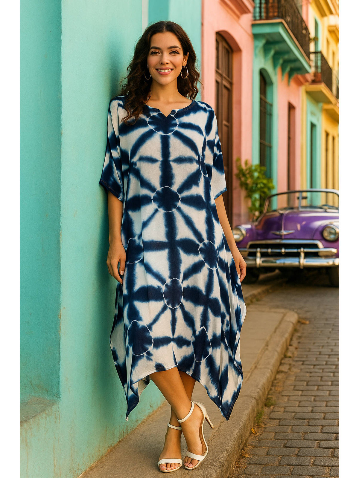 Women Handcrafted Tie-Dye Rayon Loose Fit Kaftan Blue Dress | D56 - view 1