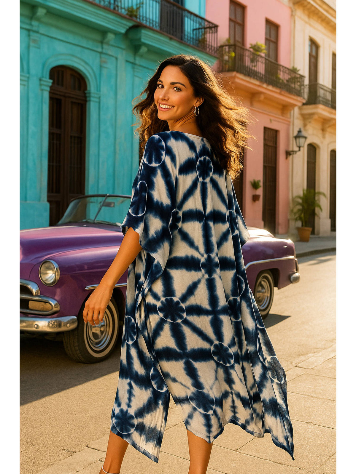 Women Handcrafted Tie-Dye Rayon Loose Fit Kaftan Blue Dress | D56 - view 2