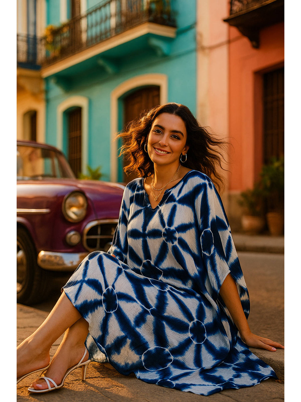 Women Handcrafted Tie-Dye Rayon Loose Fit Kaftan Blue Dress | D56 - view 3