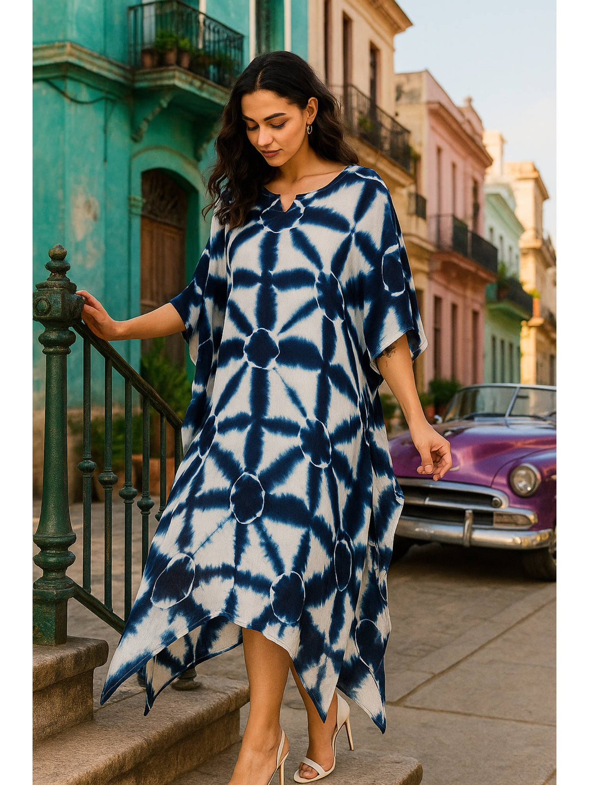 Women Handcrafted Tie-Dye Rayon Loose Fit Kaftan Blue Dress | D56 - view 4