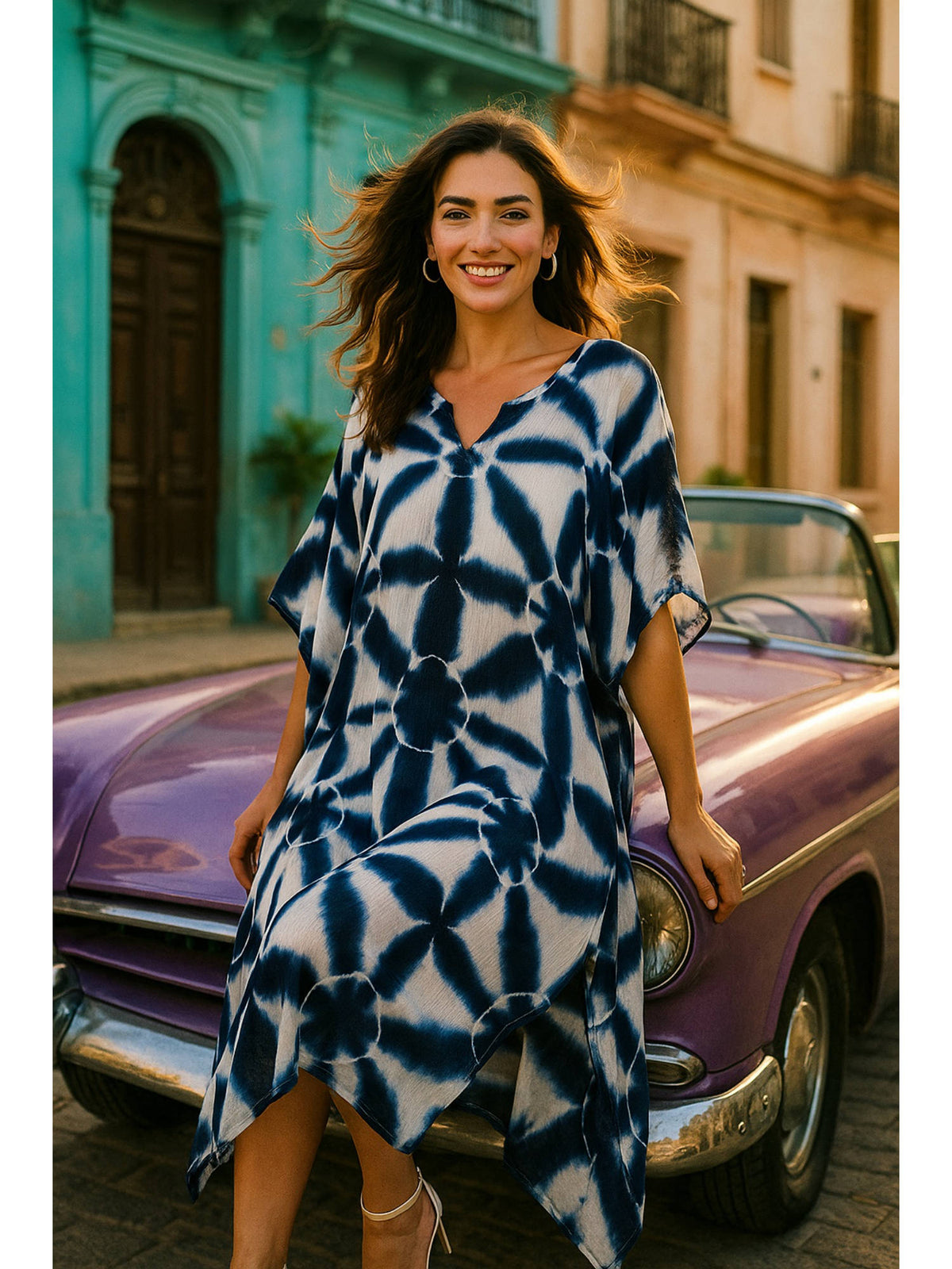 Women Handcrafted Tie-Dye Rayon Loose Fit Kaftan Blue Dress | D56 - view 5