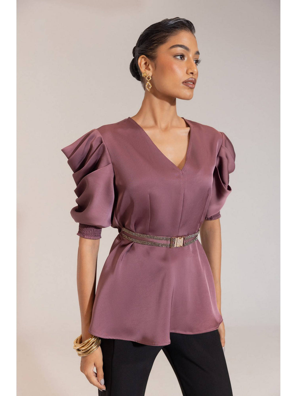 Satin Peplum Top with Statement Belt | pt51 - view 1