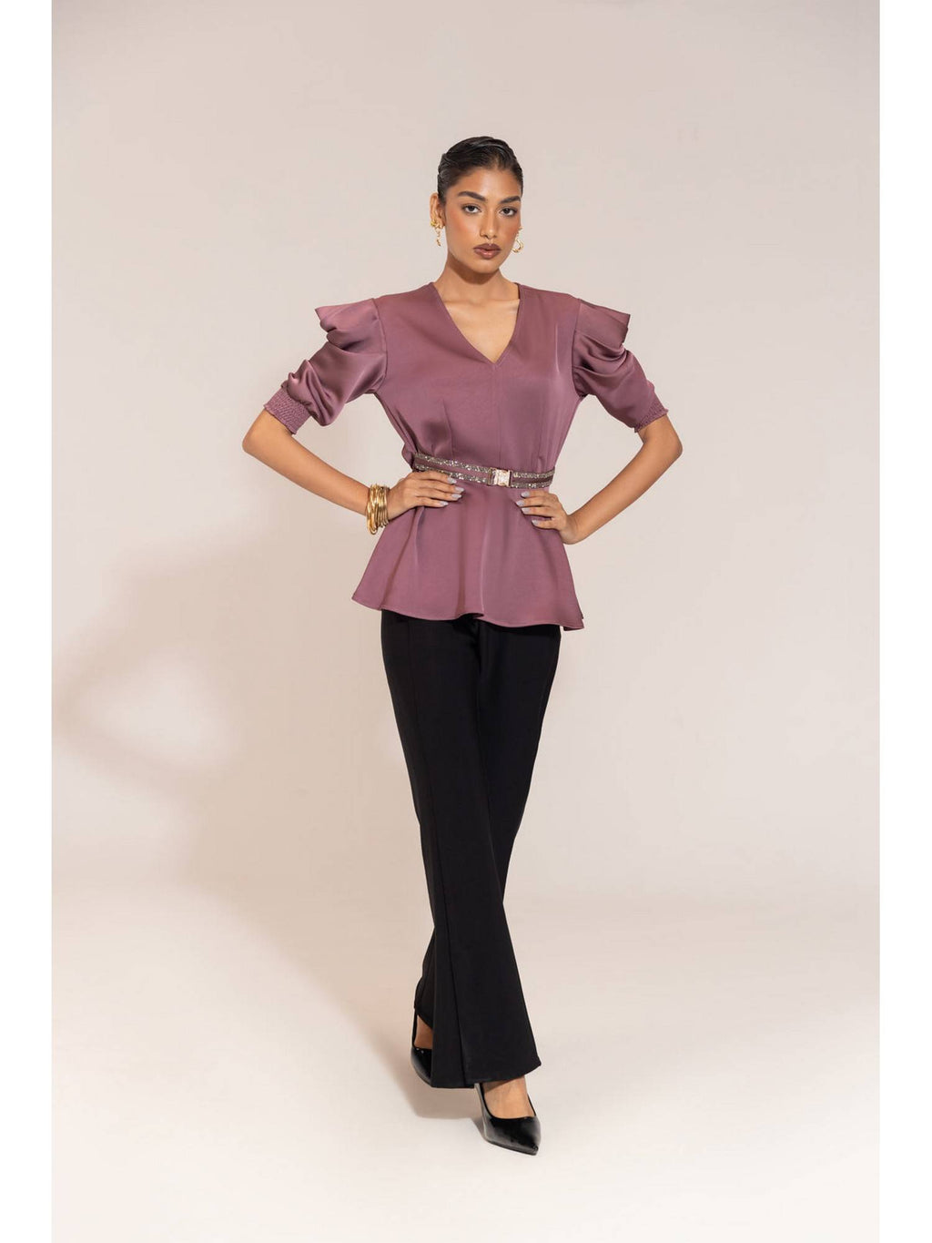 Satin Peplum Top with Statement Belt | pt51 - view 3