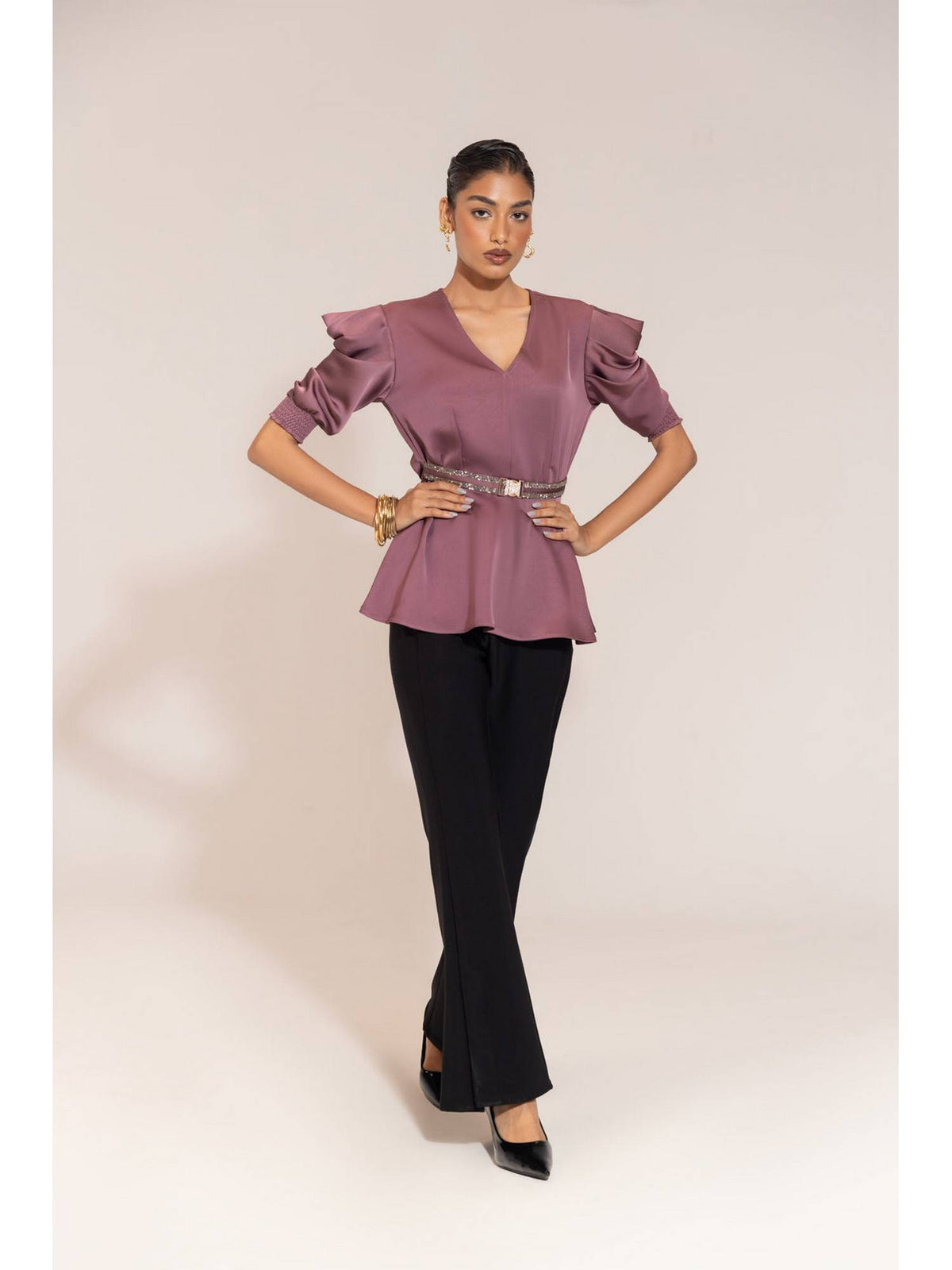 Satin Peplum Top with Statement Belt | pt51 - view 3
