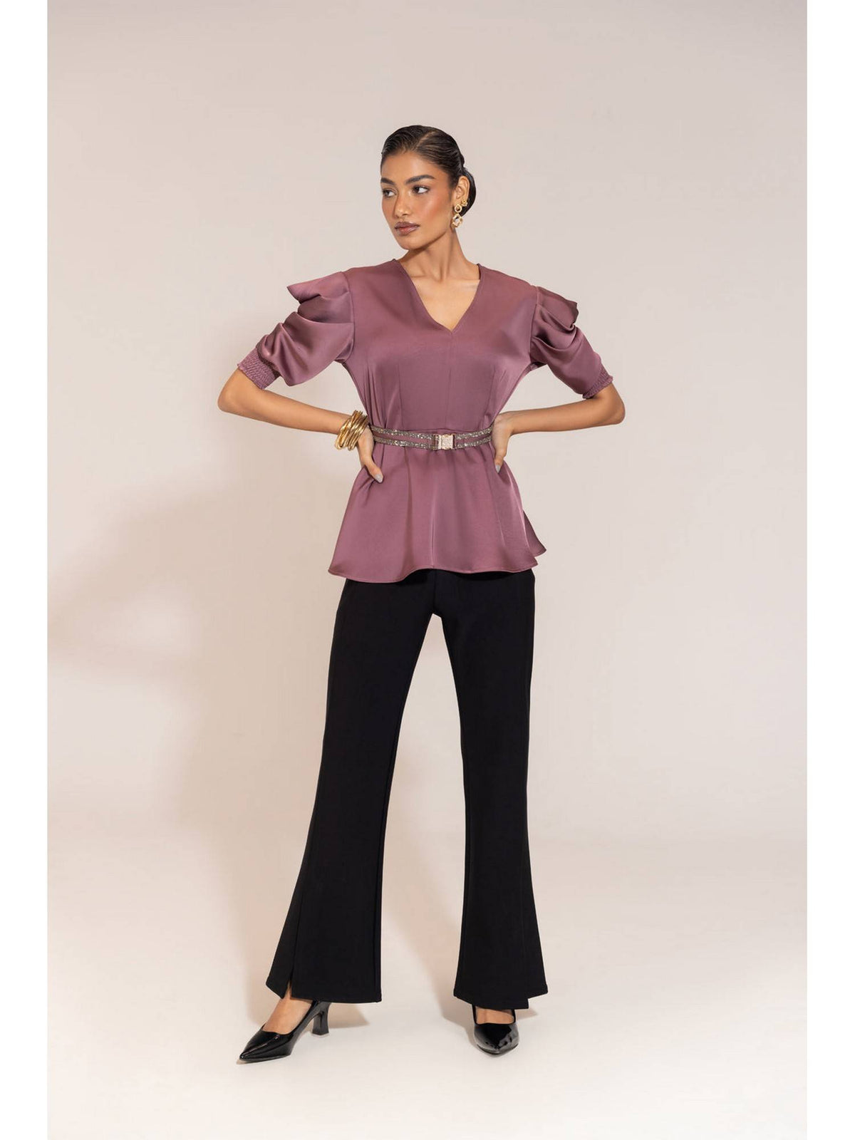 Satin Peplum Top with Statement Belt | pt51 - view 4