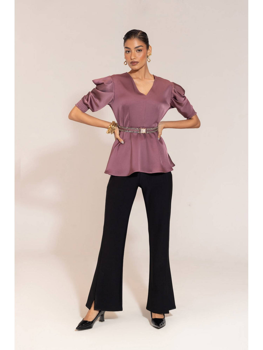 Satin Peplum Top with Statement Belt | pt51 - view 6