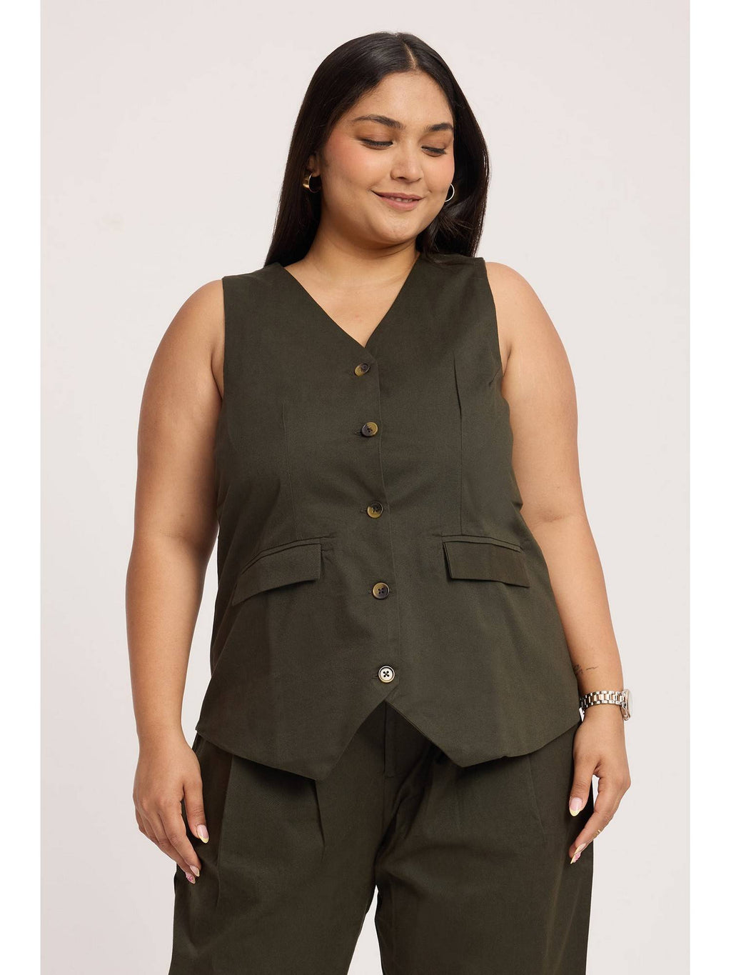 Olive Cotton Sleeveless Waist Coat | TT98 - view 1