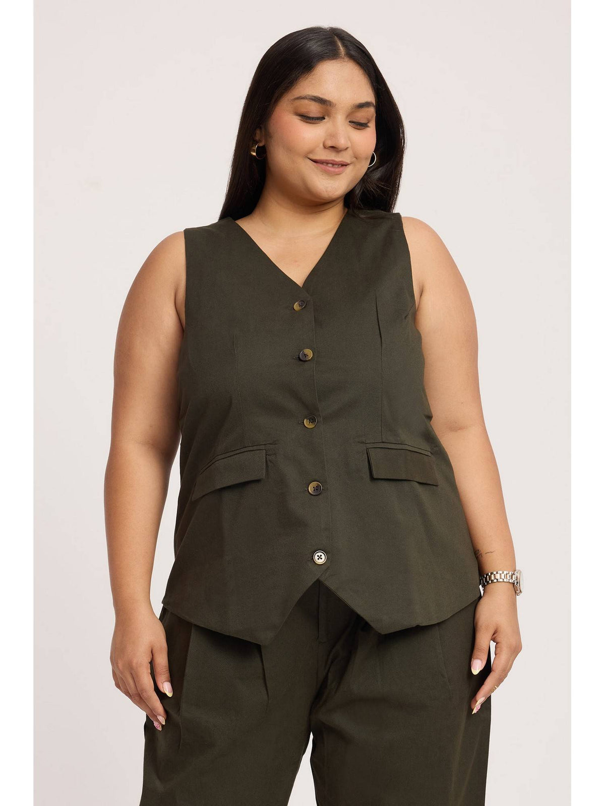 Olive Cotton Sleeveless Waist Coat | TT98 - view 1
