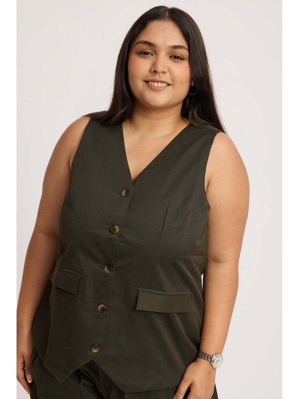 Olive Cotton Sleeveless Waist Coat | TT98 - view 2