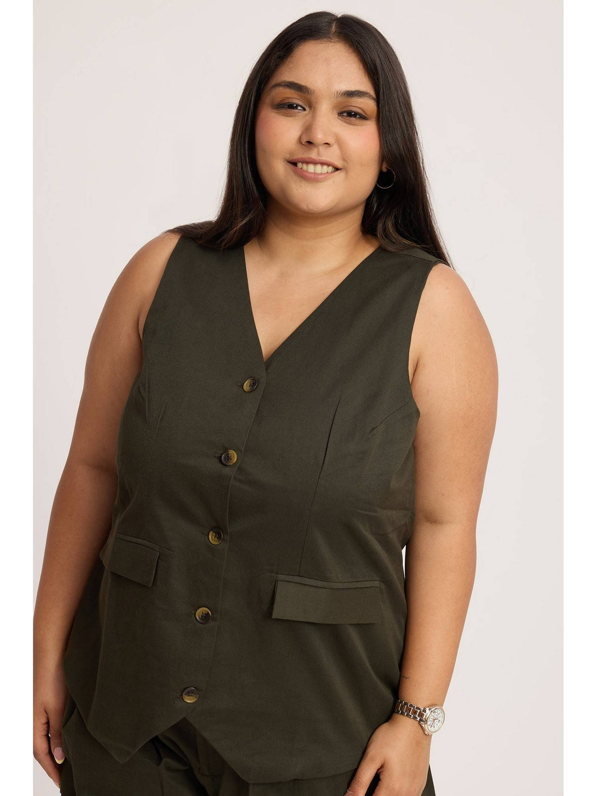 Olive Cotton Sleeveless Waist Coat | TT98 - view 2
