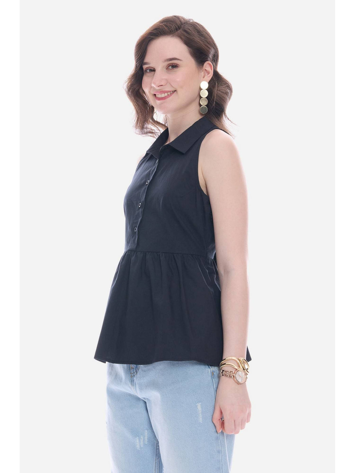 Navy Blue Collared Peplum Regular Casual Top | pt51 - view 3