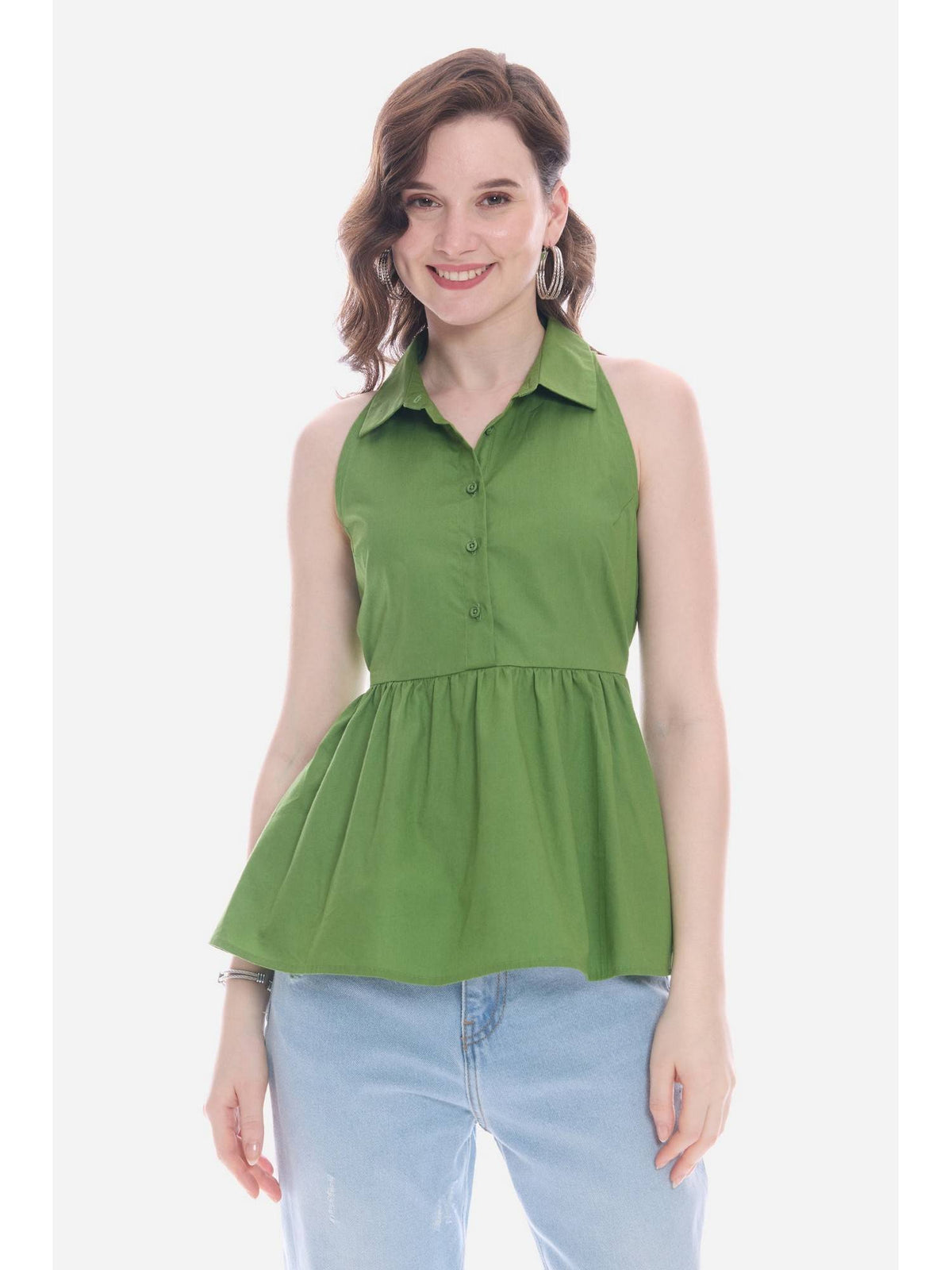 Green Collared Peplum Regular Casual Top | pt51 - view 1