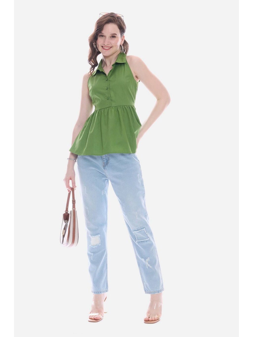 Green Collared Peplum Regular Casual Top | pt51 - view 2