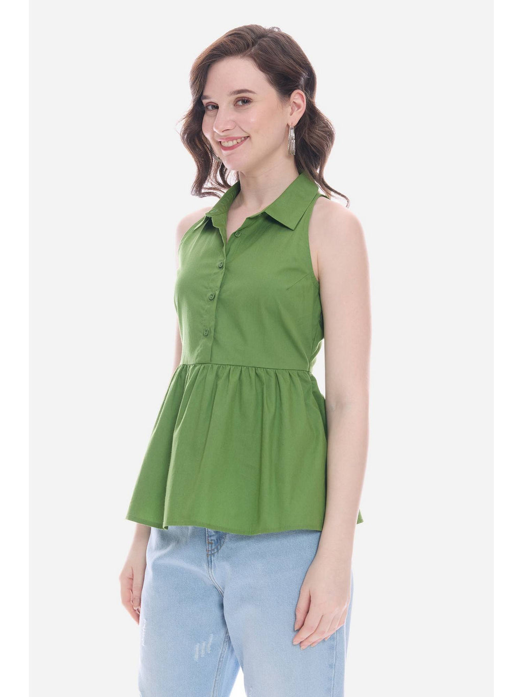Green Collared Peplum Regular Casual Top | pt51 - view 3
