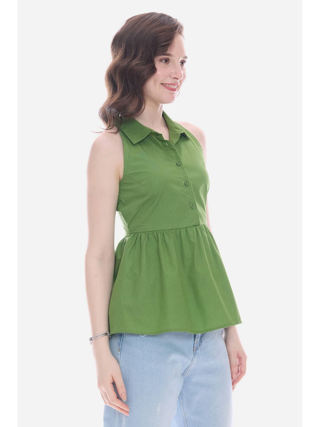 Green Collared Peplum Regular Casual Top | pt51 - view 4