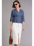 Blue Cotton Pleated Wrap Peplum Top | pt51 - view 1