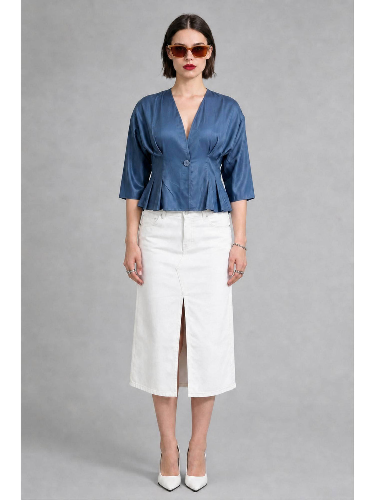Blue Cotton Pleated Wrap Peplum Top | pt51 - view 2