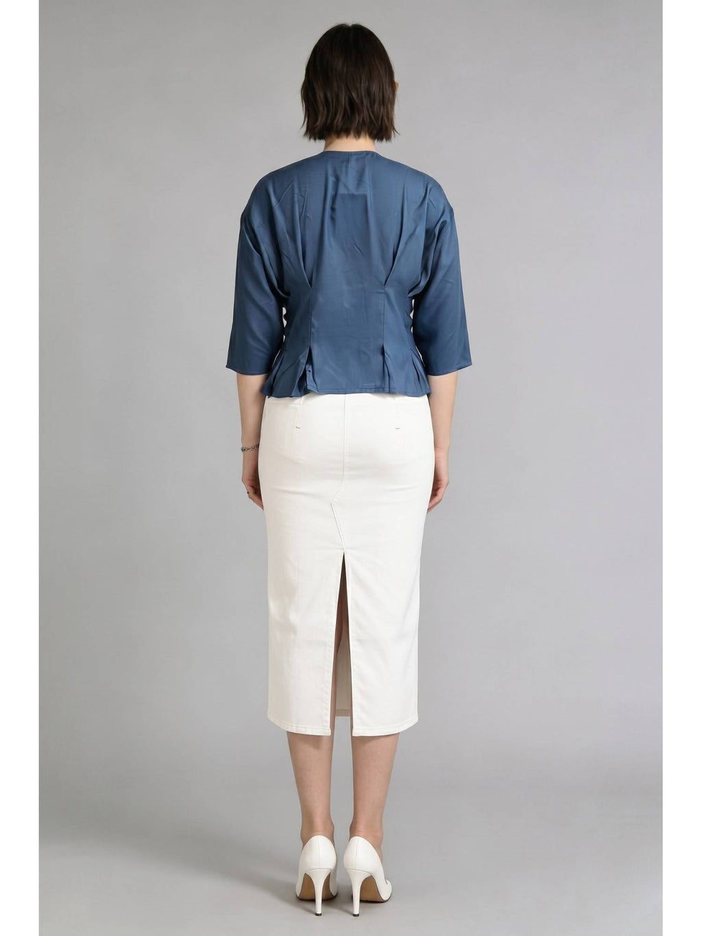 Blue Cotton Pleated Wrap Peplum Top | pt51 - view 3