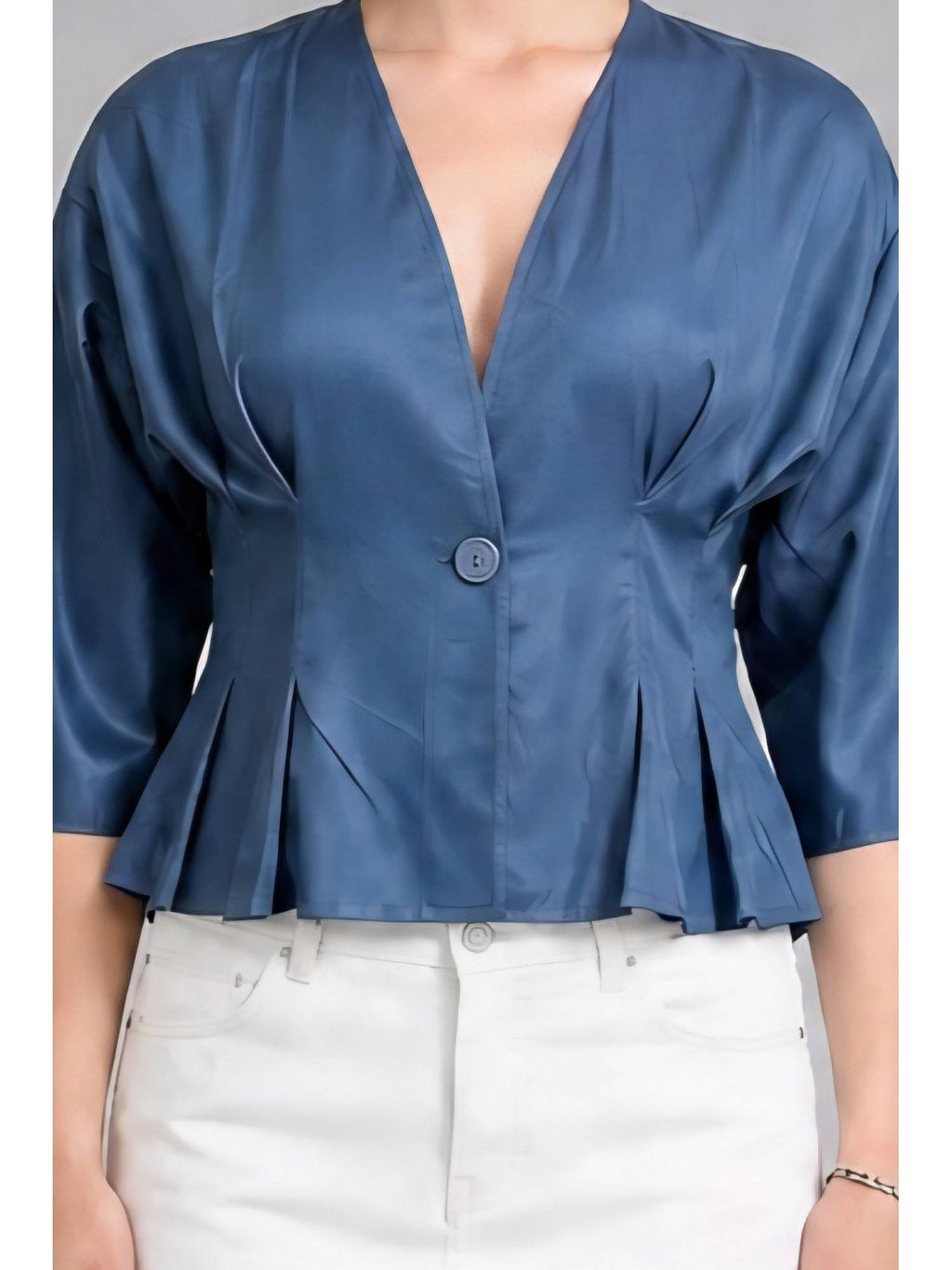 Blue Cotton Pleated Wrap Peplum Top | pt51 - view 4