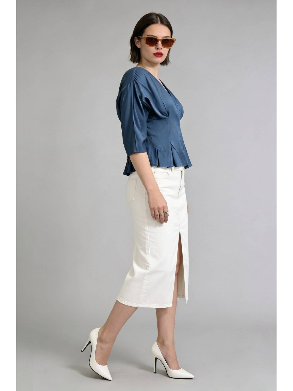 Blue Cotton Pleated Wrap Peplum Top | pt51 - view 5