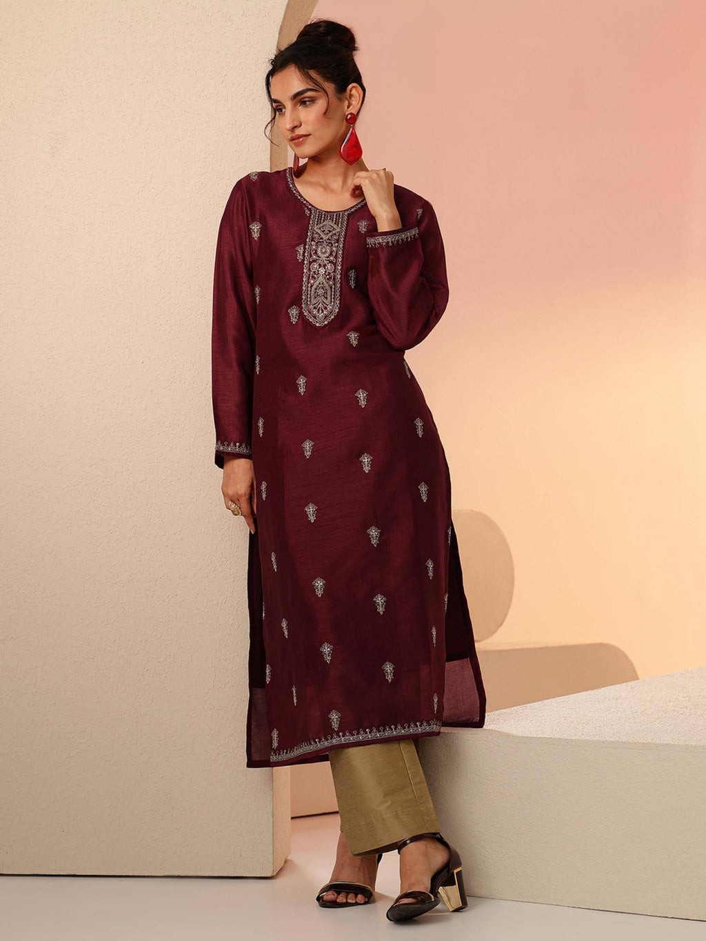 Maroon Embroidered Round Neck Kurta & Pant | KDG - view 1