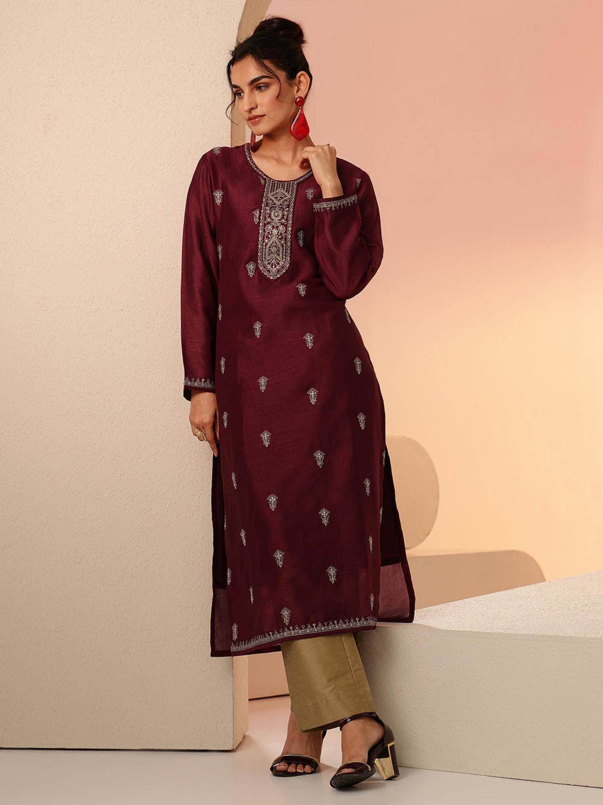 Maroon Embroidered Round Neck Kurta & Pant | KDG - view 1