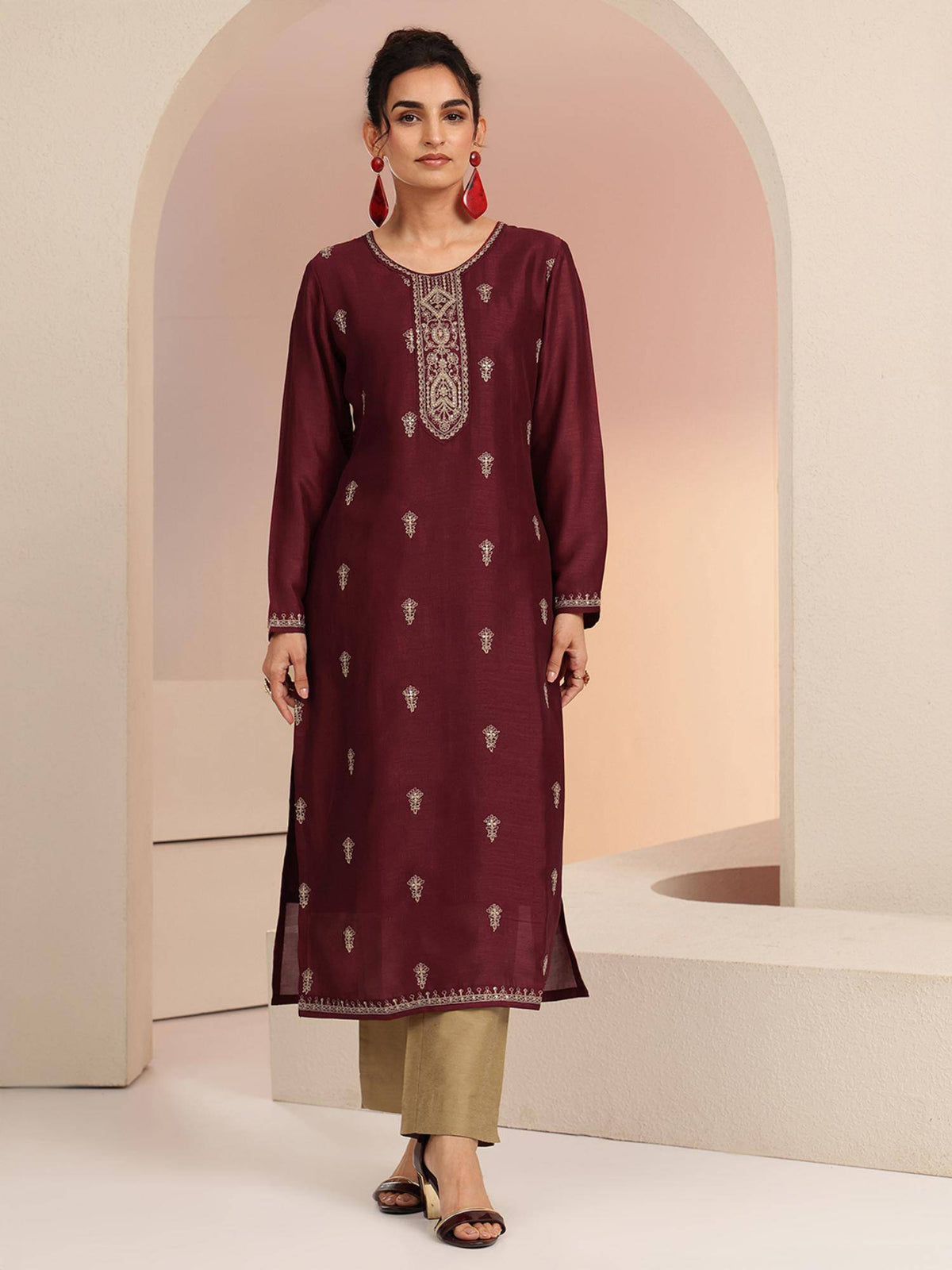 Maroon Embroidered Round Neck Kurta & Pant | KDG - view 2