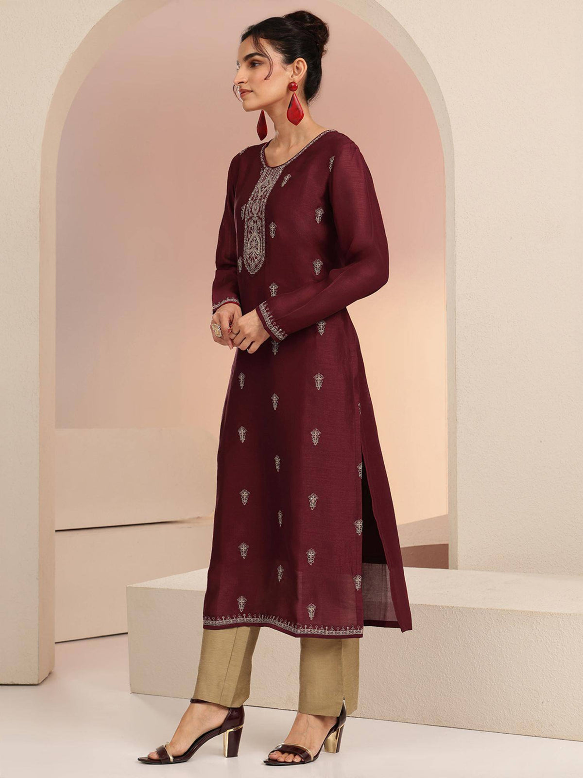 Maroon Embroidered Round Neck Kurta & Pant | KDG - view 3