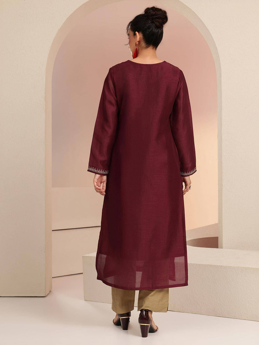 Maroon Embroidered Round Neck Kurta & Pant | KDG - view 4
