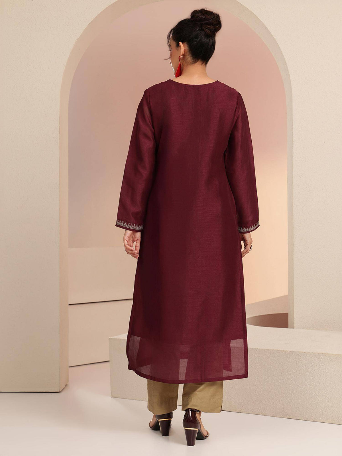 Maroon Embroidered Round Neck Kurta & Pant | KDG - view 4