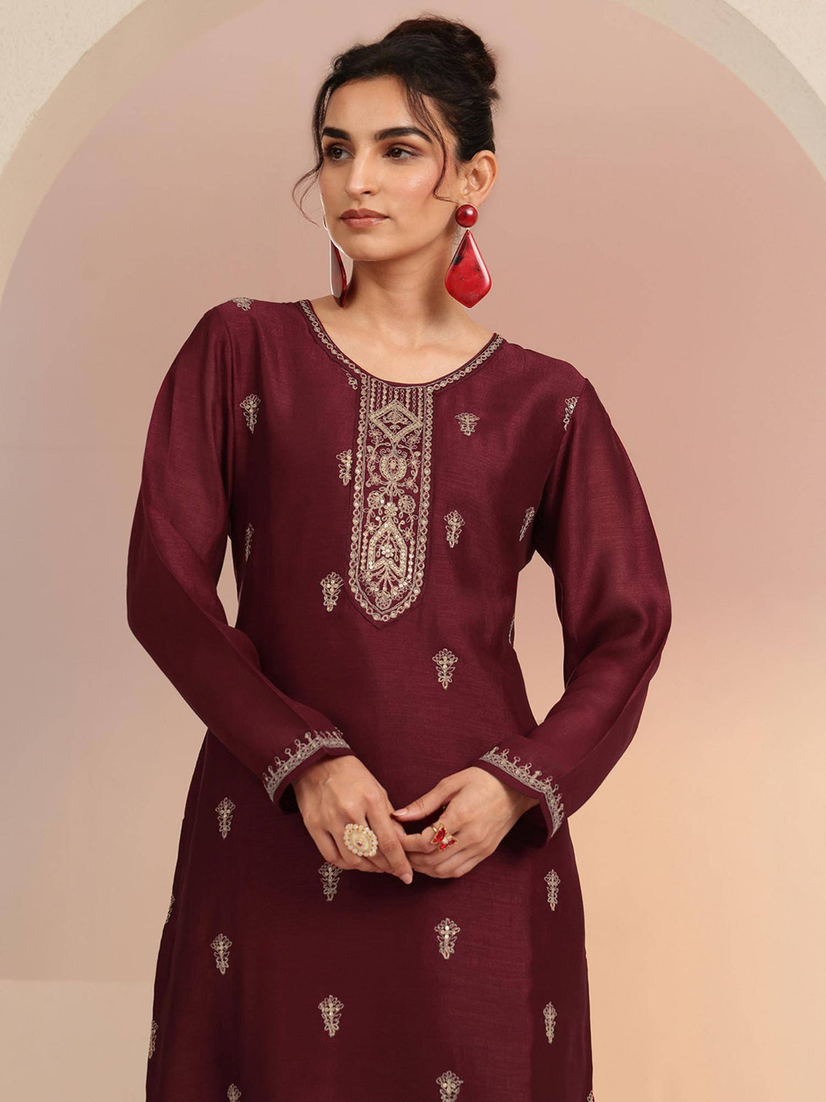 Maroon Embroidered Round Neck Kurta & Pant | KDG - view 5