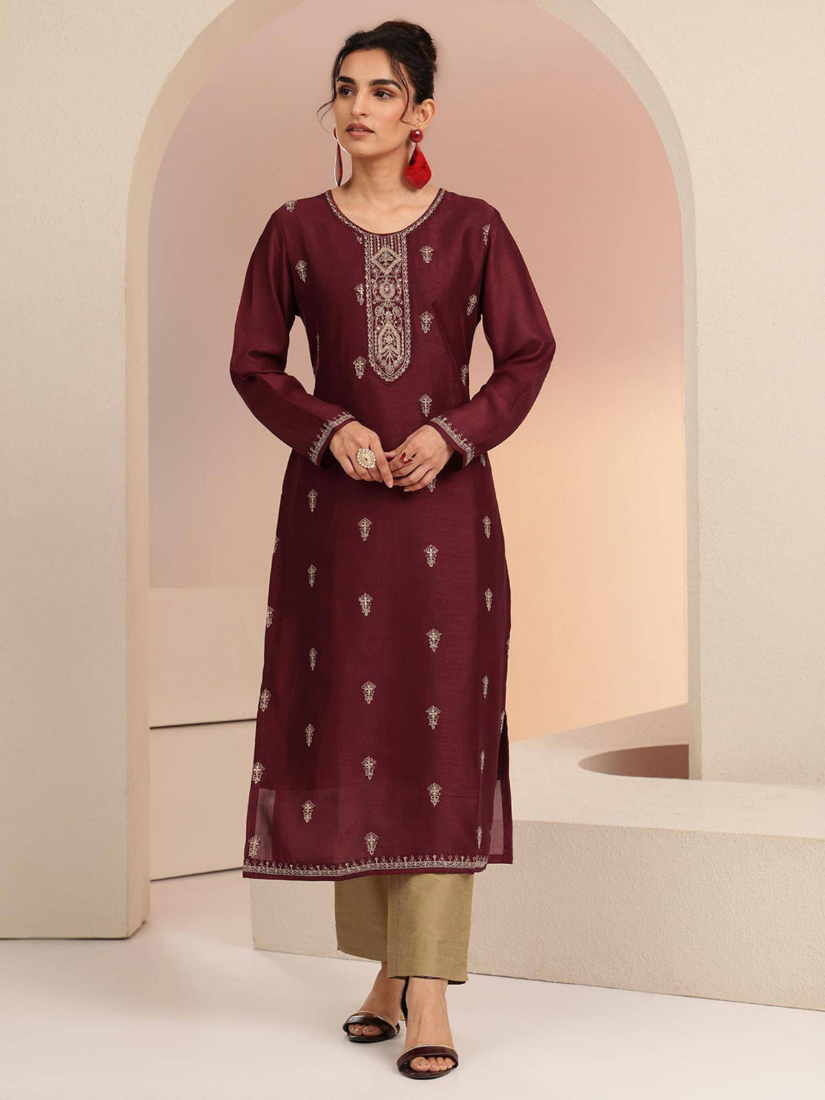 Maroon Embroidered Round Neck Kurta & Pant | KDG - view 6