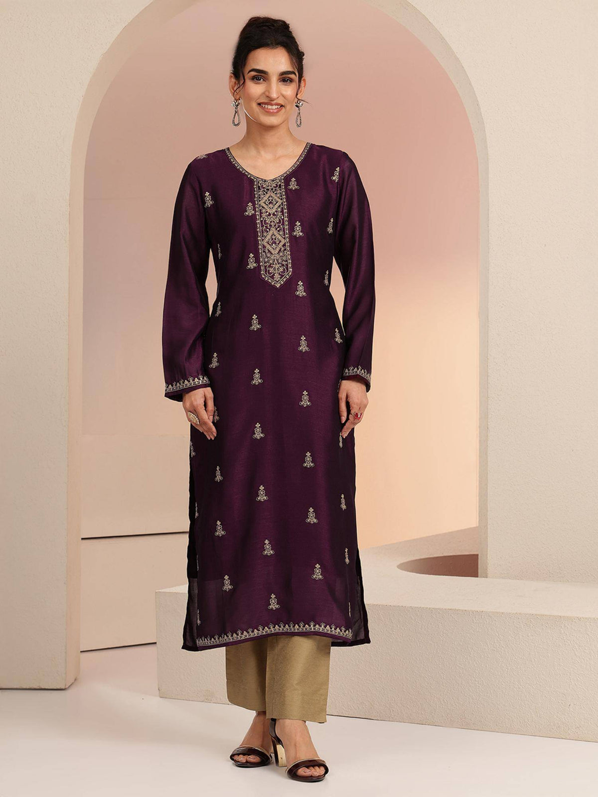 Maroon Embroidered Round Neck Kurta & Pant | KDG - view 42