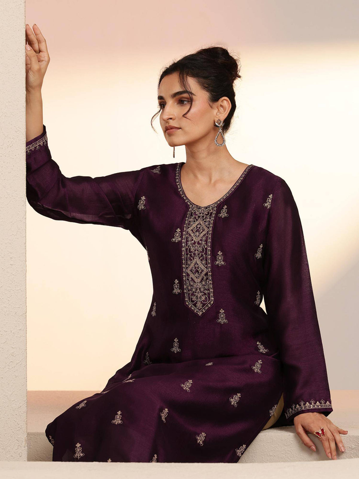 Maroon Embroidered Round Neck Kurta & Pant | KDG - view 43
