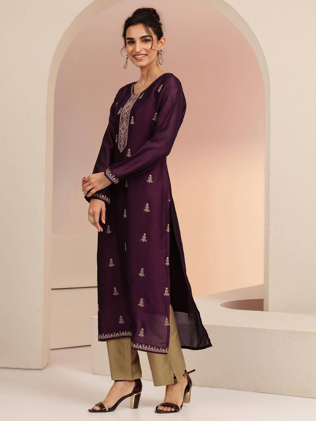 Maroon Embroidered Round Neck Kurta & Pant | KDG - view 44